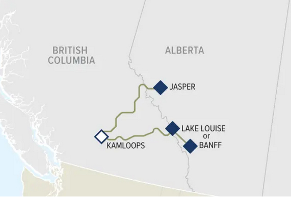 Map of Banff-Kamloops=Jasper rail trip