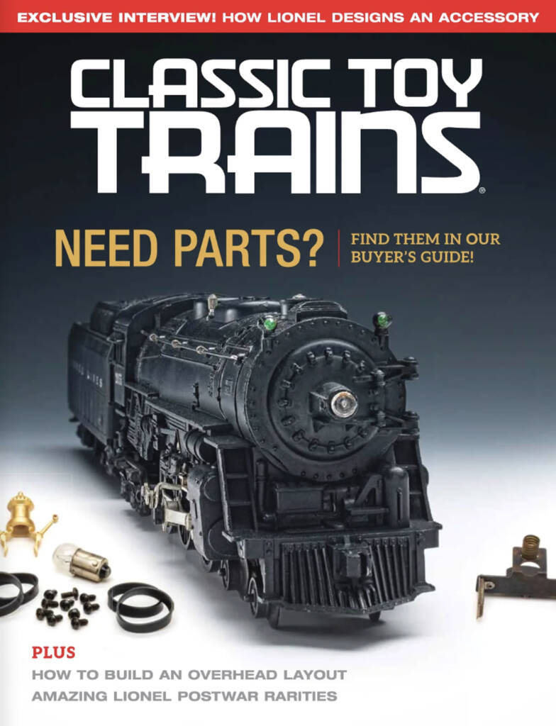 The Fall 2025 cover of Classic Toy Trains magazine, which features a black steam toy locomotive