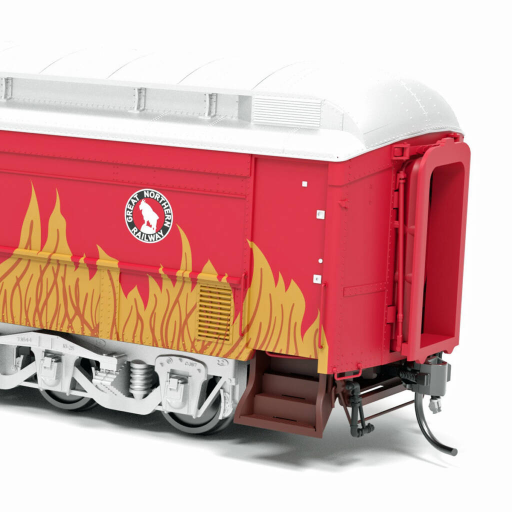 Color image of HO scale heavyweight passenger car with red sides and ends, brown underbody, silver roof and trucks, and orange and yellow flames on sides on white background