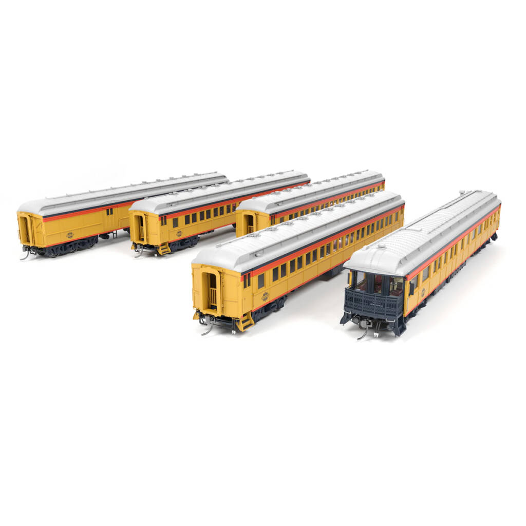 Five yellow model passenger cars