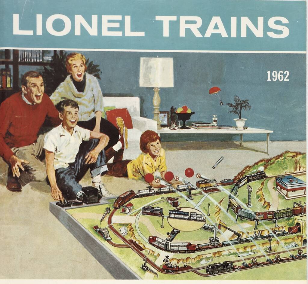 vintage Lionel trains catalog with family and layout