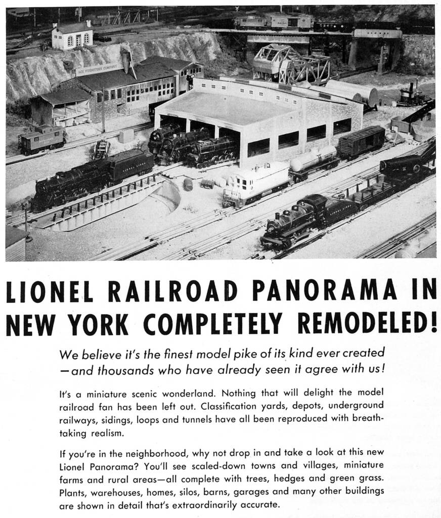 black and white photograph of toy train layout with text