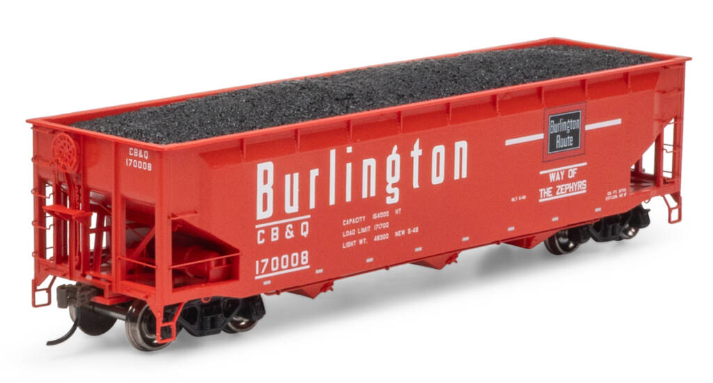 Color photo of HO scale three-bay offset-side hopper painted red with black and white graphics on white background