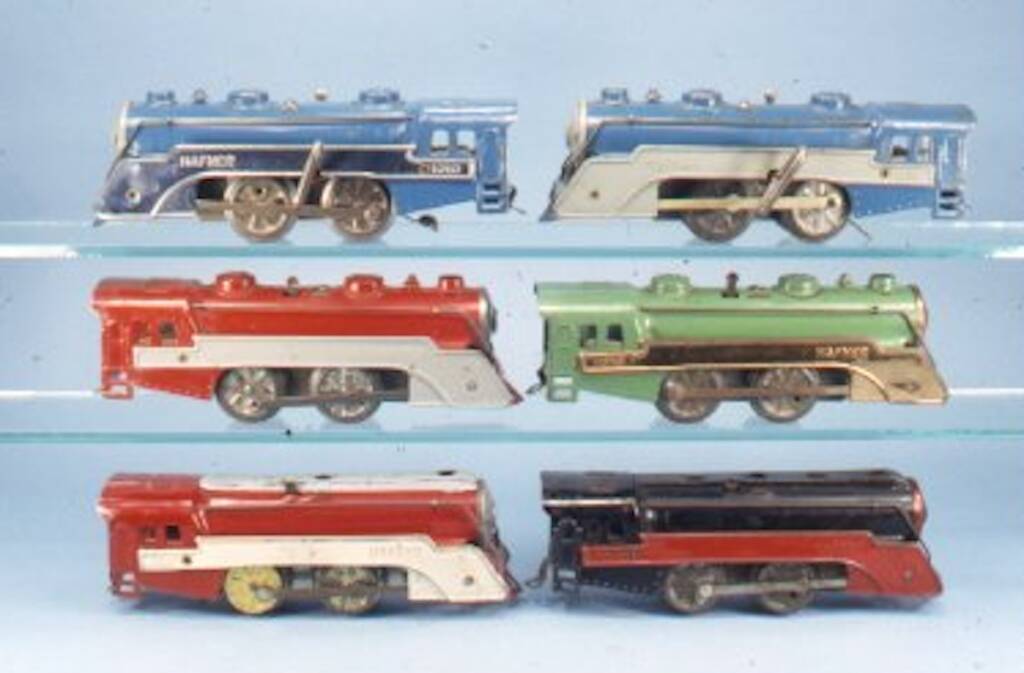 six vintage colorful locomotives