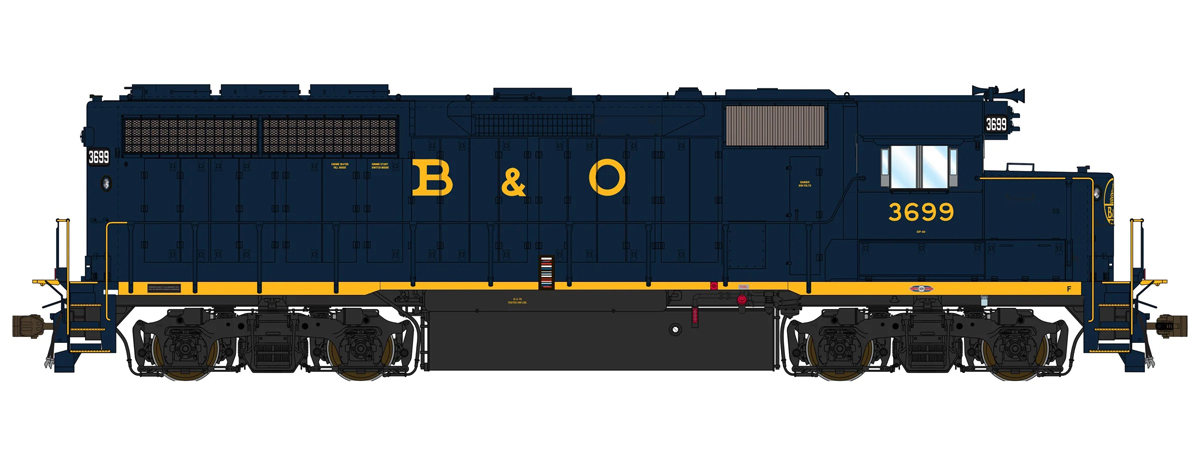 A navy blue model locomotive with yellow lettering and a yellow stripe