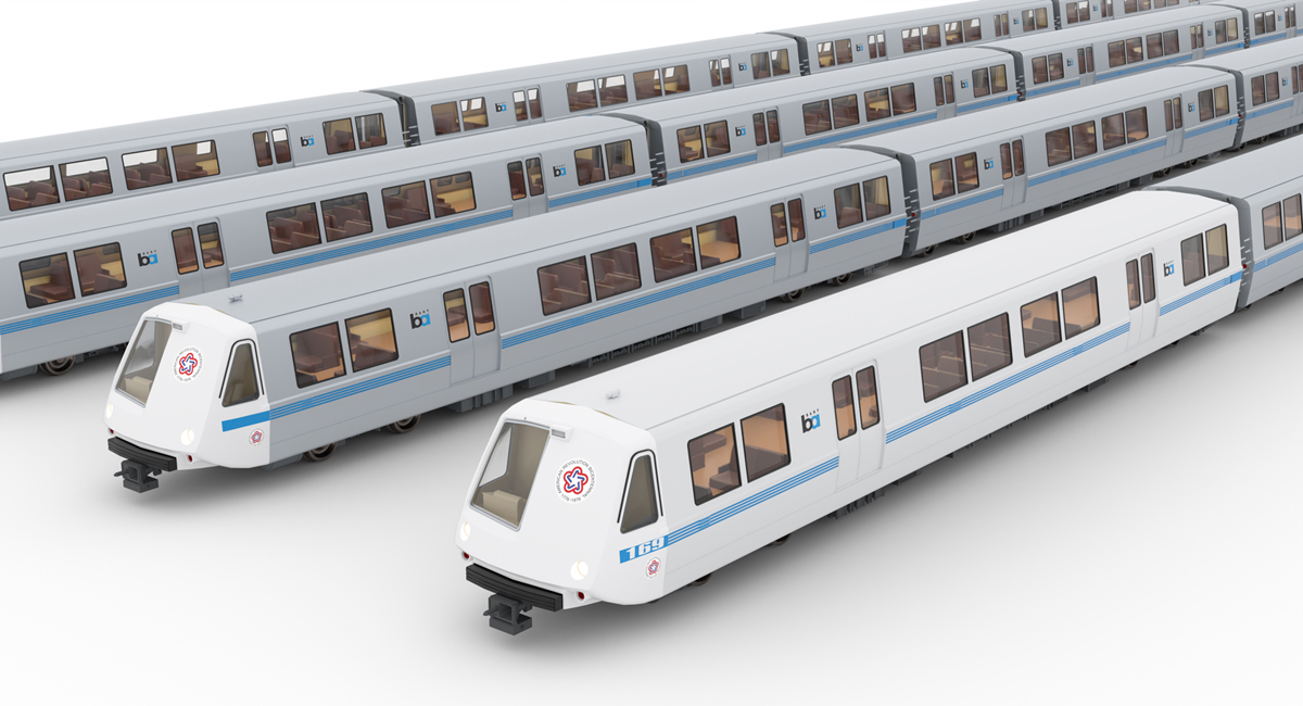 White model passenger rail equipment with a blue stripe and tan interiors