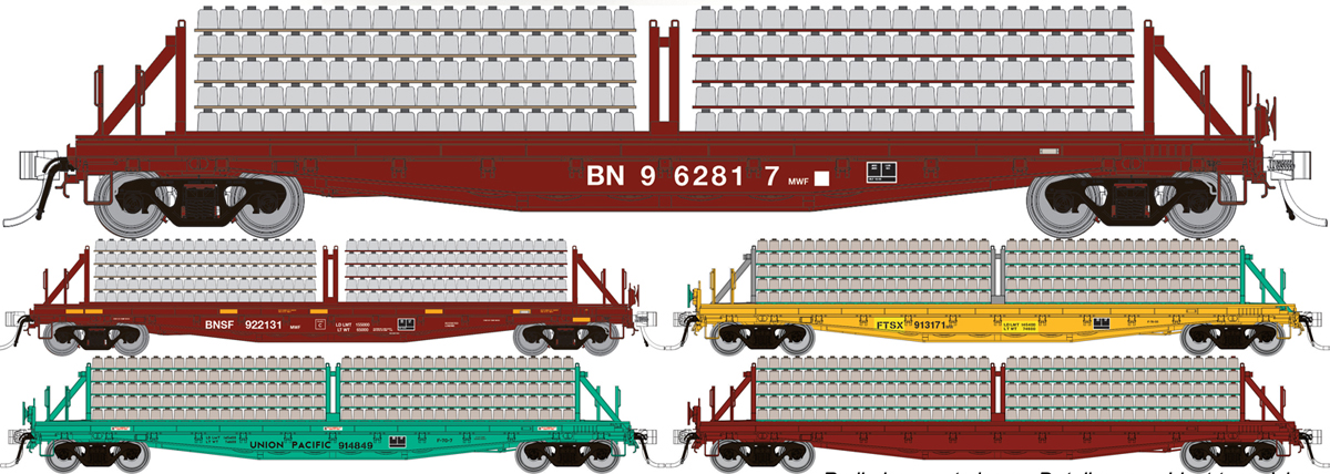 A set of four model flatcars in various paint schemes
