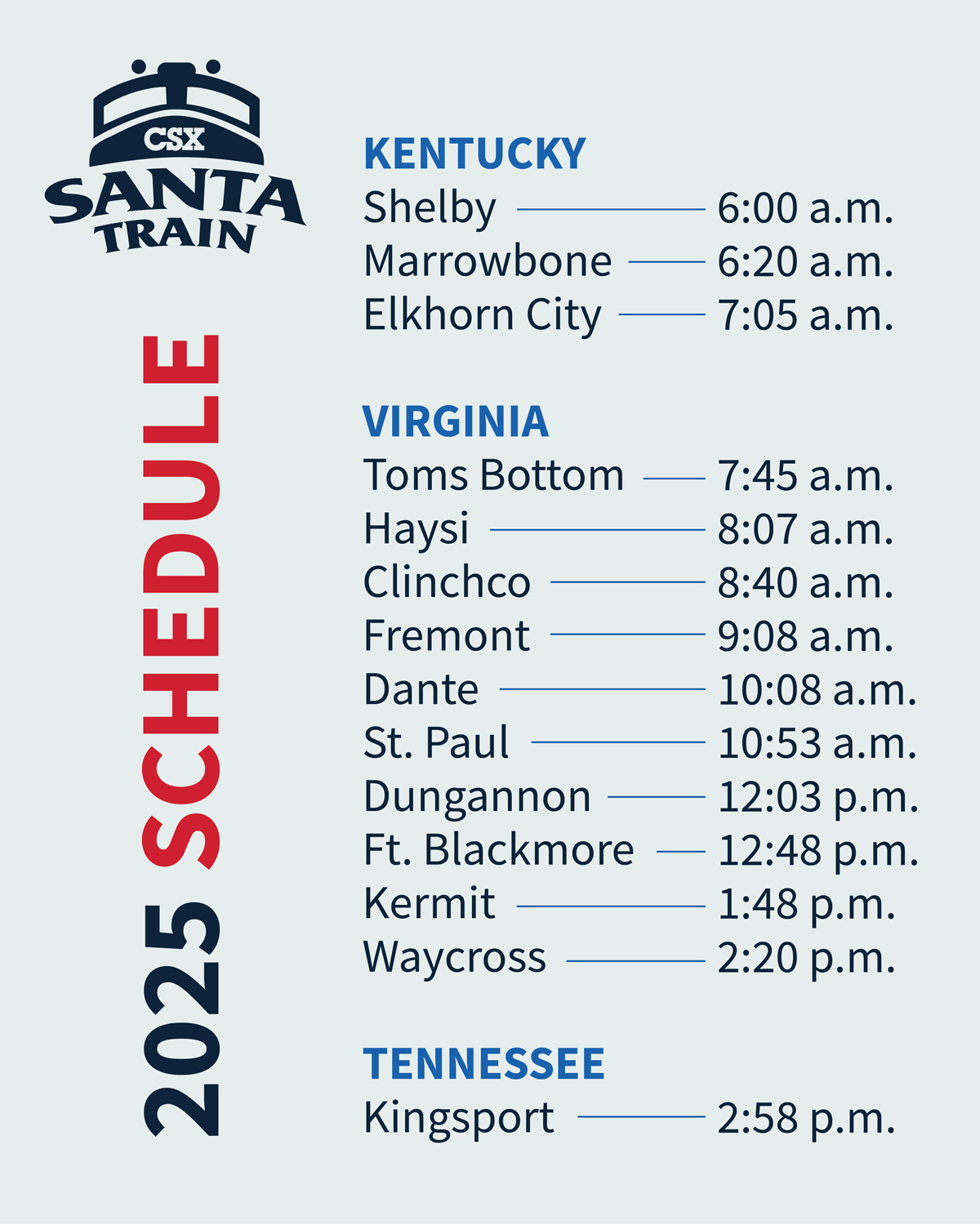 Schedule for CSX Santa Train
