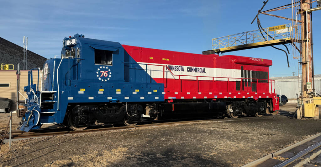 Red, white, and blue GE locomotive