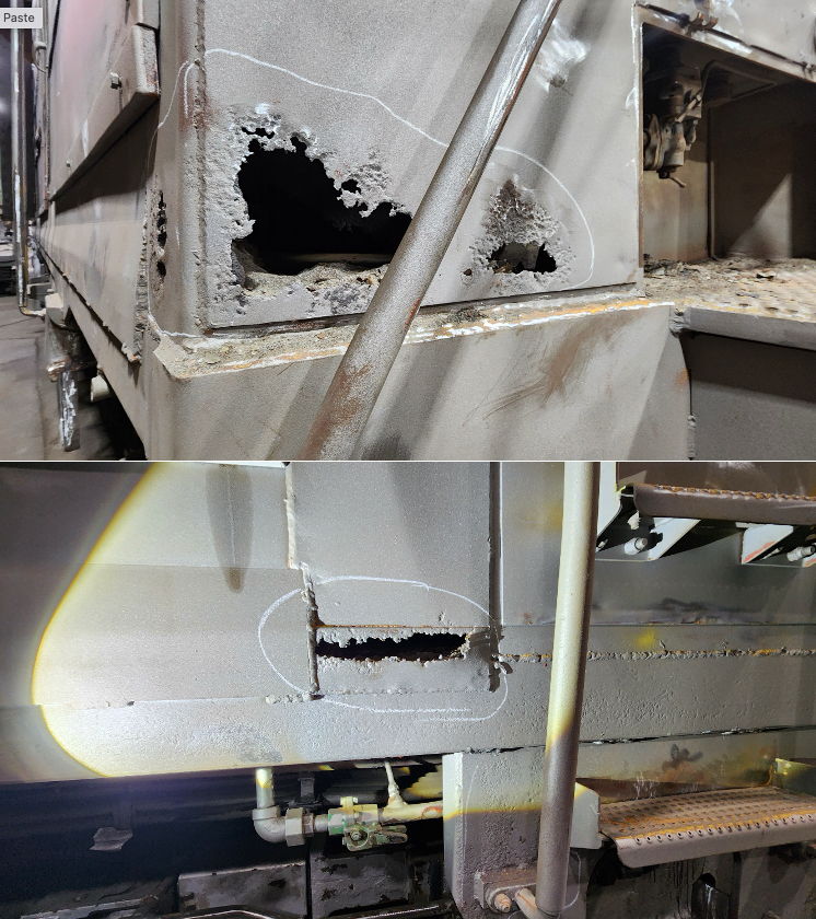 Rust-caused holes in body of locomotive