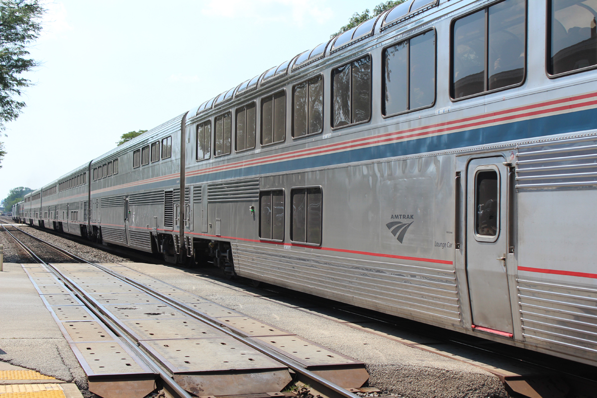Going-away shot of bilevel passenger train
