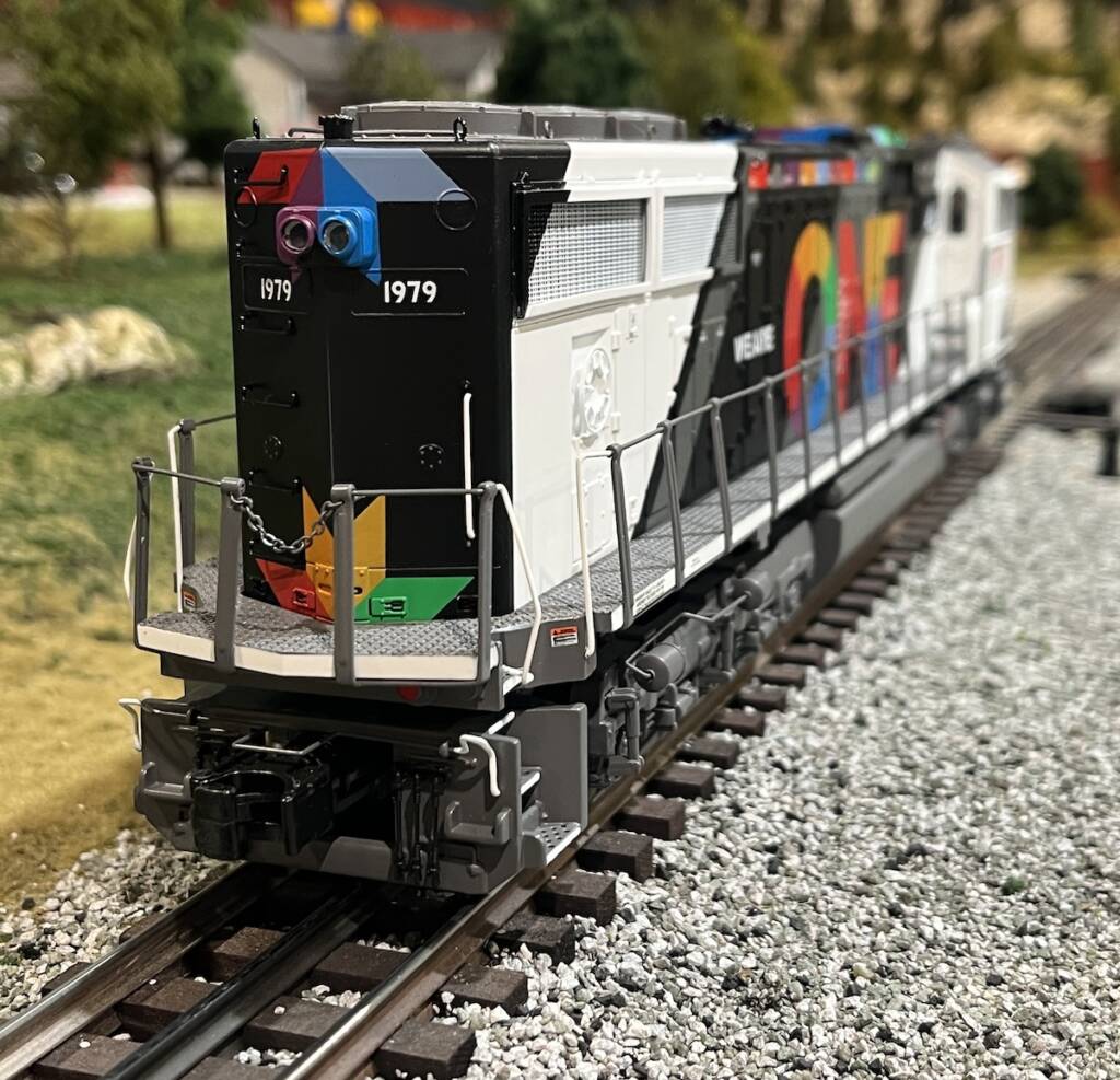 rear of model locomotive
