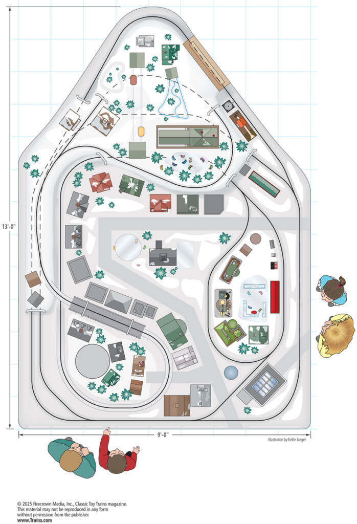 A track plan for a toy train layout set in winter
