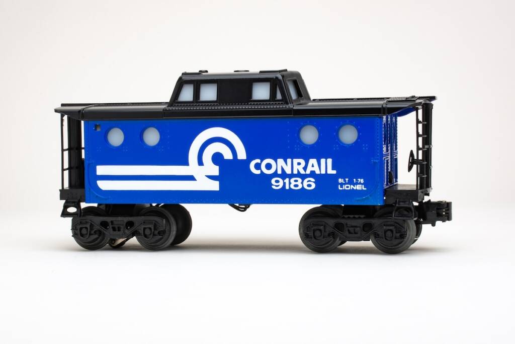 blue and white model caboose