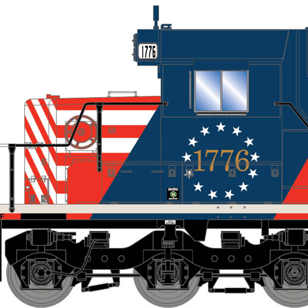 Color illustration showing nose and cab on fireman’s side of six-axle EMD hood unit painted red, white, and blue with white and gold graphics on white background