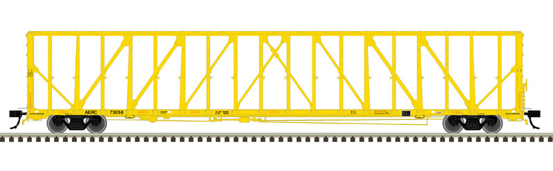 Color illustration of center-partition bulkhead flatcar painted yellow with black, red, and white graphics; black trucks and couplers; and metallic gray wheels on section of track on white background.