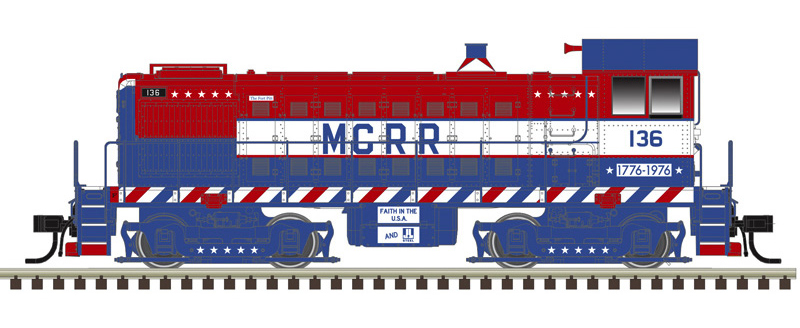 Color illustration of HO scale end-cab diesel painted red, white, and blue with white stars and blue graphics.