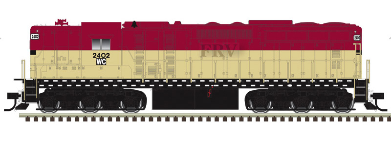 Color illustration of HO scale six-axle hood unit with high short hood painted red, yellow, and black on white background.