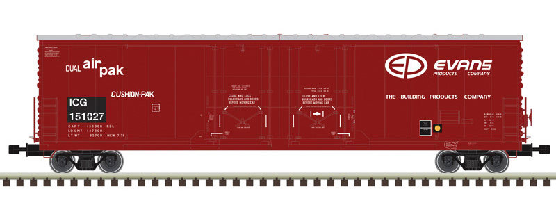 Color illustration of HO scale double-plug-door boxcar painted red with silver roof and white and black graphics on white background.