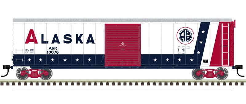 Color illustration of HO scale boxcar painted red, white, and blue with white background. 