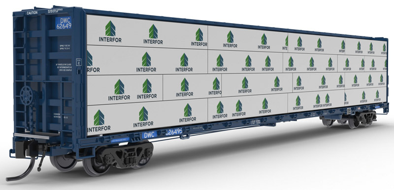 Color rendering of N scale center-beam bulkhead flatcar painted blue with white graphics loaded with lumber wrapped in white plastic with green tree-shaped logos on white background.