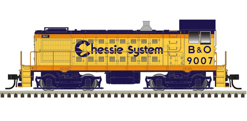 Color illustration showing side of N scale end-cab switcher painted yellow, vermillion, and dark blue with dark blue graphics on white background.