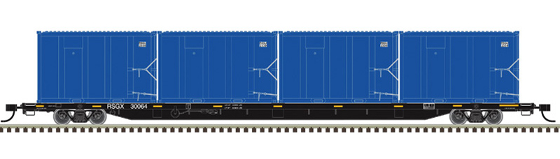 Color illustration of black flatcar with yellow and white graphics with four blue containers on section of track on white background.