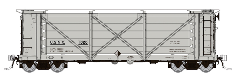 Color illustration of HO scale helium car painted silver with black data on white background.