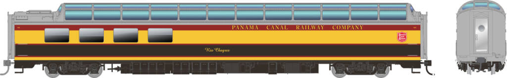 Color illustration of HO scale dome lounge painted yellow, red, black, and silver with teal window glazing on white background.