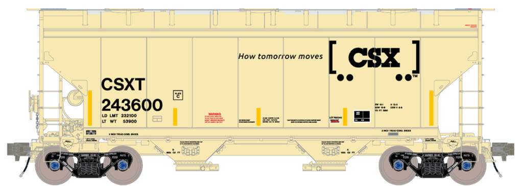 Color illustration of modern two-bay covered hopper painted tan with black, red, yellow, and white graphics on white background.