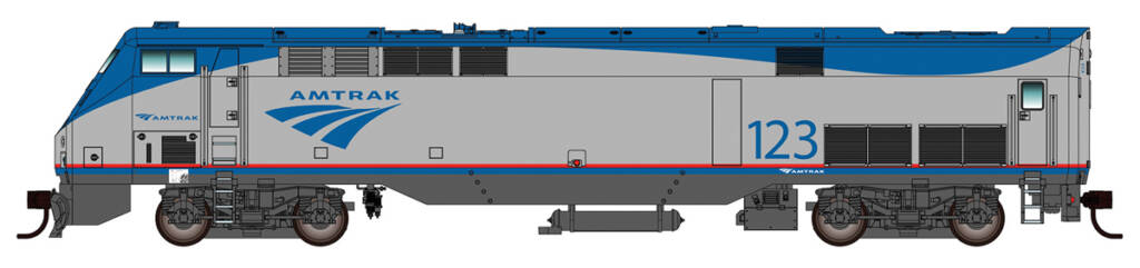 Color illustration of modern streamlined passenger diesel painted Platinum Mist with Anthracite Gray, Amtrak Blue, and Amtrak Red trim with Amtrak Blue graphics on white background.