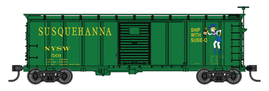 Color illustration of HO scale 40-foot boxcar painted green with yellow graphics and woman wearing railroad cap and holding a railroad lantern near the right end of car.