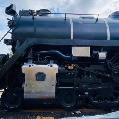 Steam locomotive with new sheet metal installed. Restored American Freedom Train No. 1 to be unveiled.