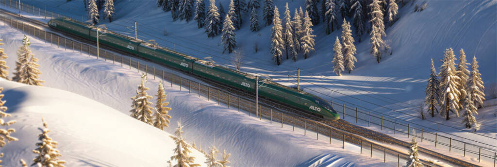 Dark green high speed train in snowy landscape