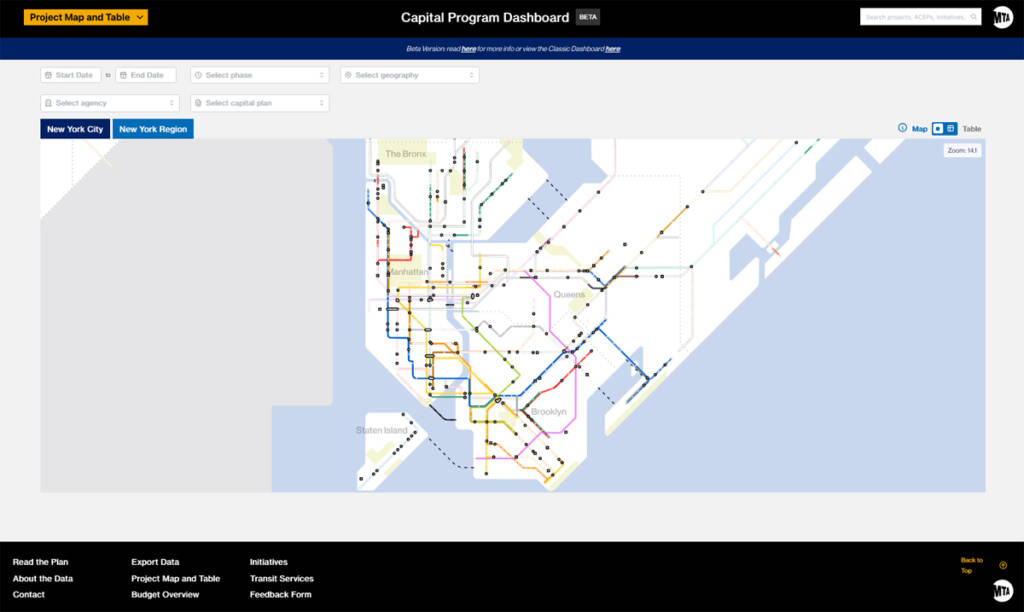 Screen shot of web page with map of New York subway system