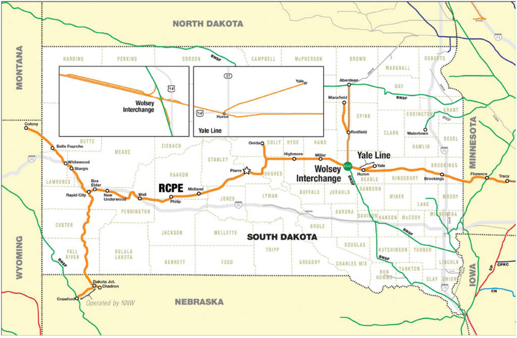Map of South Dakota showing Rapid City, Pierre & Eastern Railroad and other rail lines