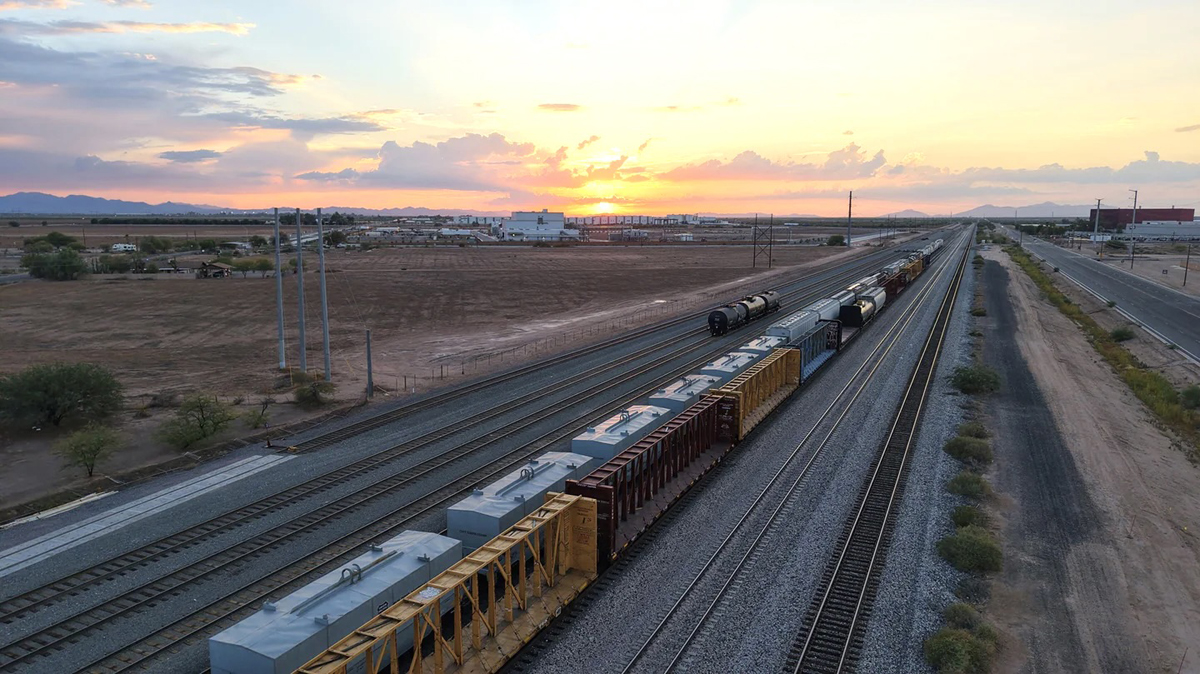 Elevated view of small yard at sunset