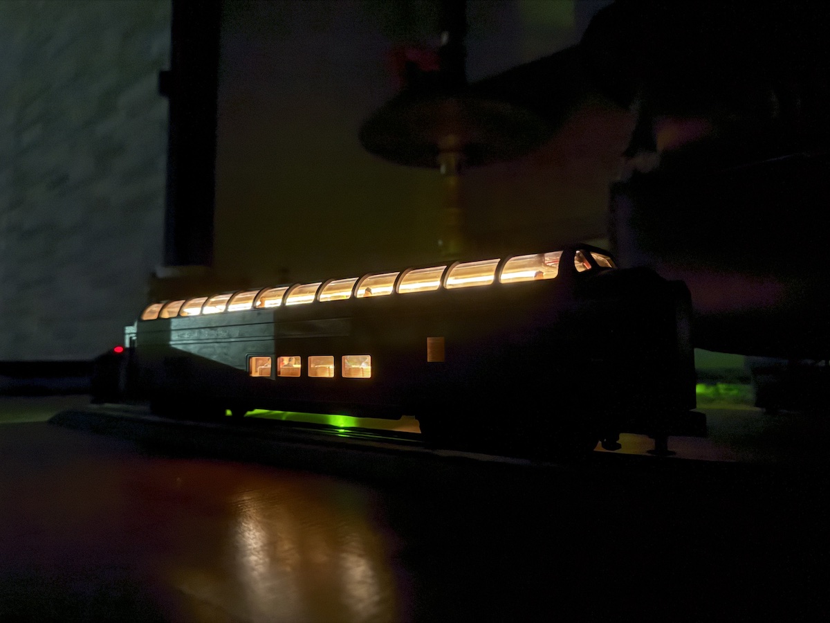 Dome car lit up in the dark