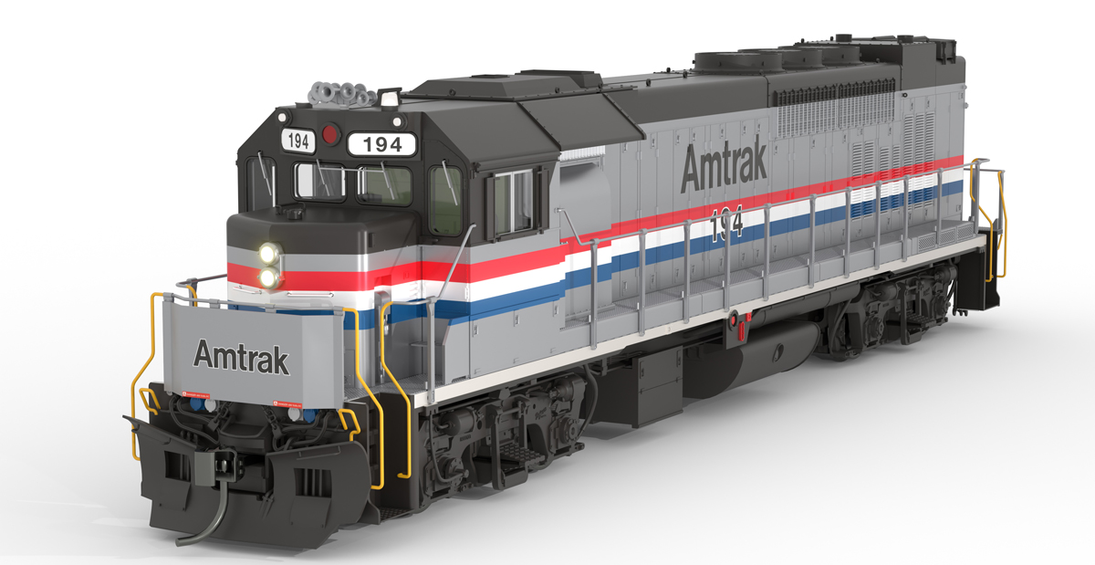 A gray model locomotive with a red, white and blue stripe