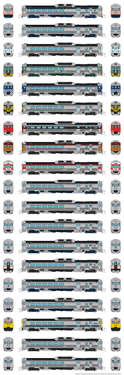 A selection of model railcars in various paint schemes