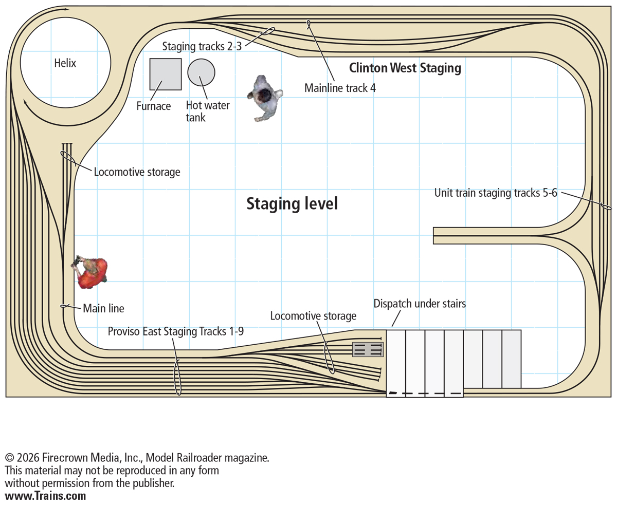The track plan for the staging level of the Union Pacific Geneva subdivision layout