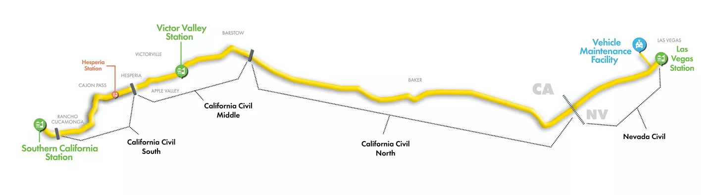 Map of Brightline West route, divided into four construction zones.