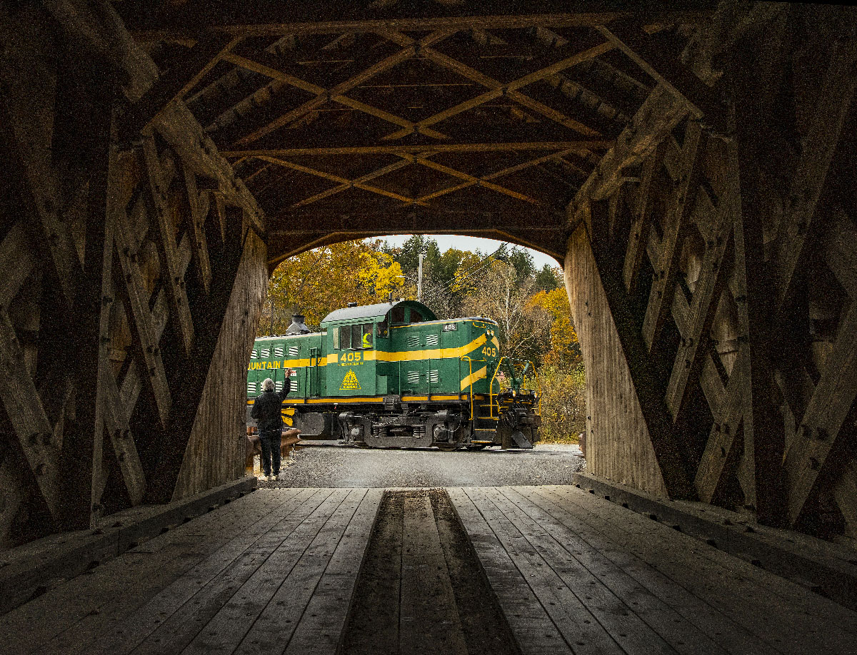 Green diesel seen through a covered bridge. Trains Photo Contest 2026: The unexpected.