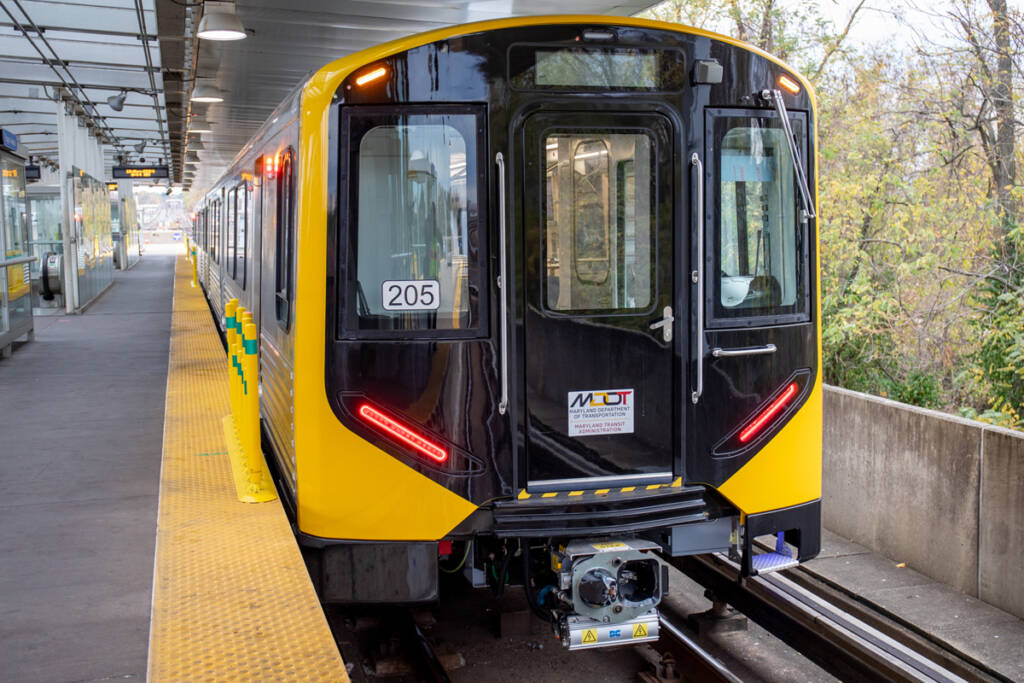 Subway car with black and yellow front