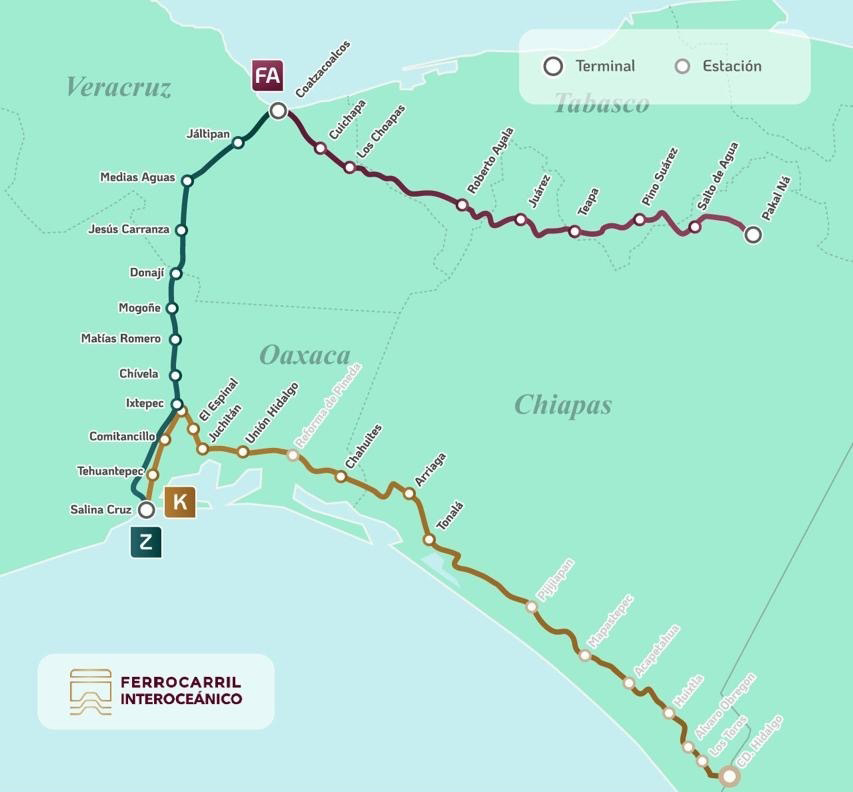 Map of Mexico's FIT (Ferrocarril del Istmo de Tehuantepec)