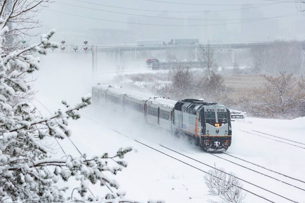 Two commuter trains in snow