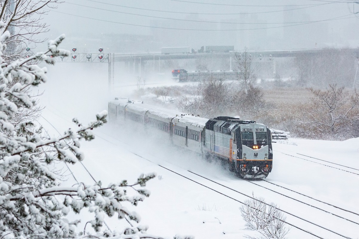 Two commuter trains in snow