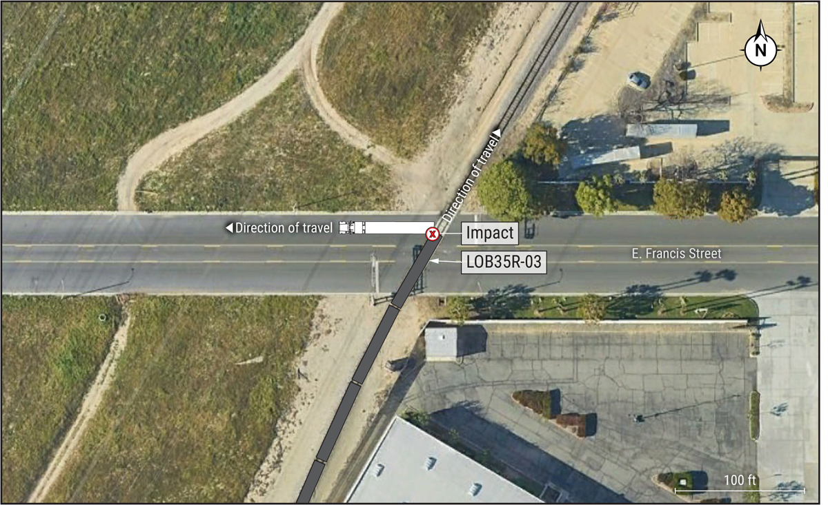 Aerial view of grade crossing in industrial area