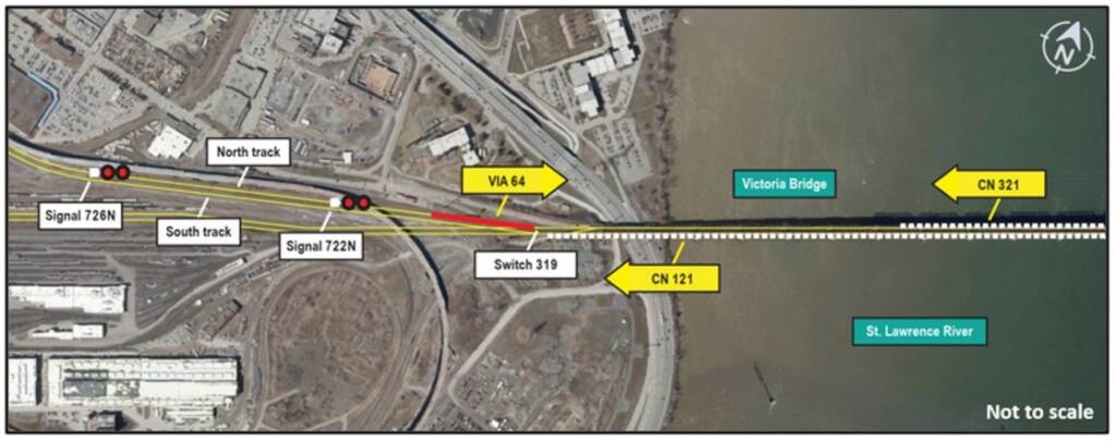 Aerial view of location where VIA passenger train passed red signal