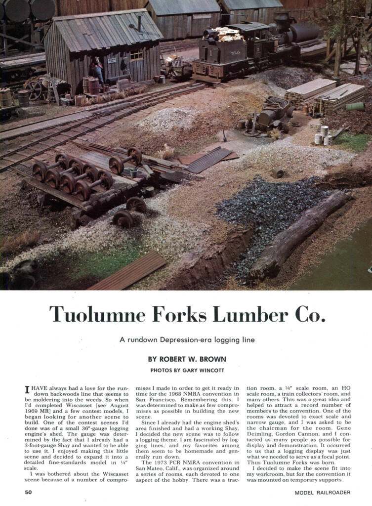 Color photo showing page from magazine article with color photo of a scene on a model railroad on the top half of page and text on the bottom half.